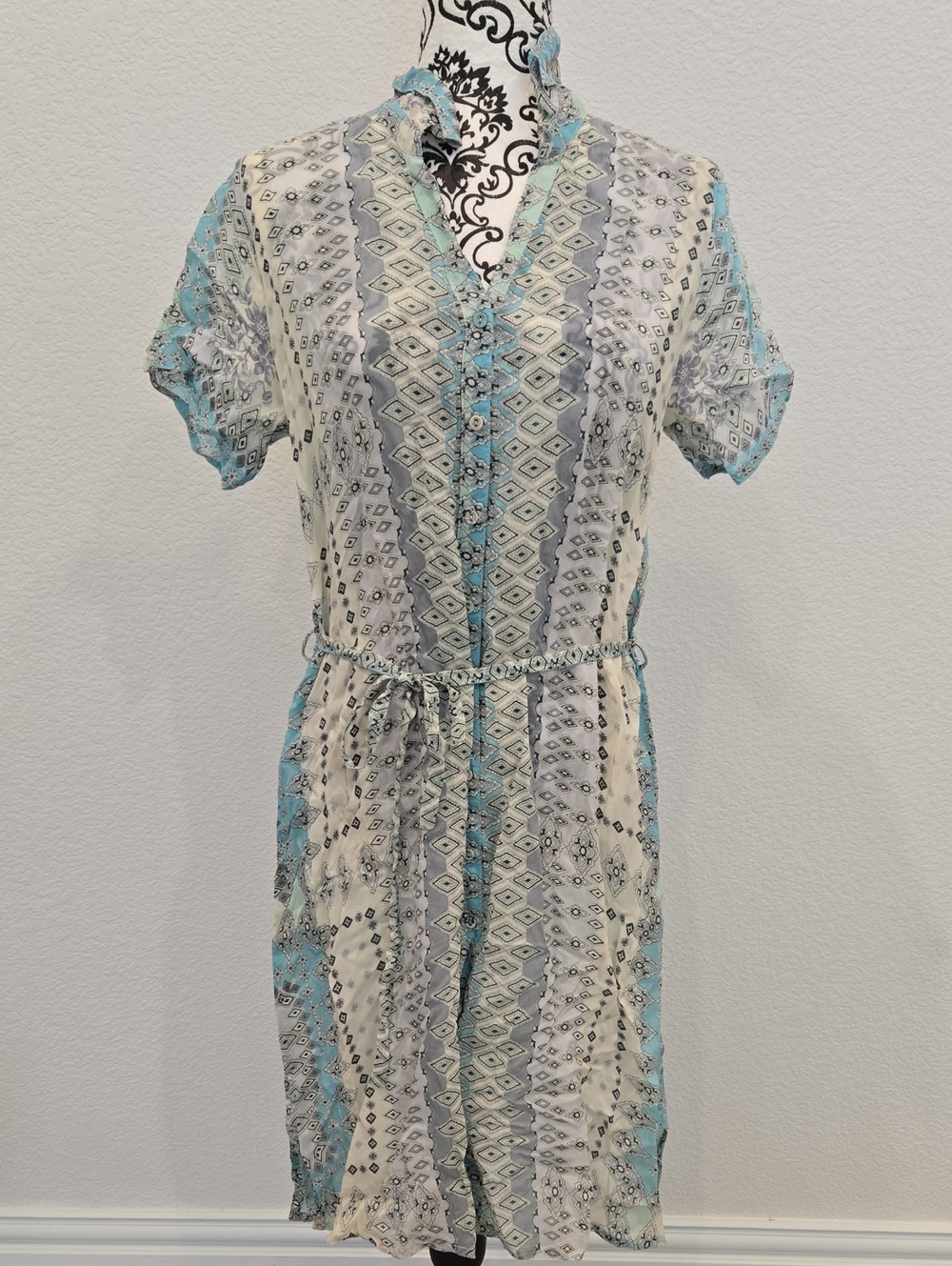 Johnny Was Blue and Cream Patterned Button-Front Dress